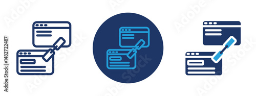 Set of 5 pixel perfect colored Backlink icon with 1 unexpanded, 1 silhouette,  Chain link symbol connecting two web pages, representing backlinks in SEO.