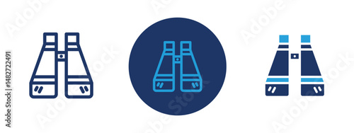 Set of 5 pixel perfect colored binoculars icon with 1 unexpanded, 1 silhouette,  Pair of binoculars facing forward, symbolizing vision, exploration, or observation.