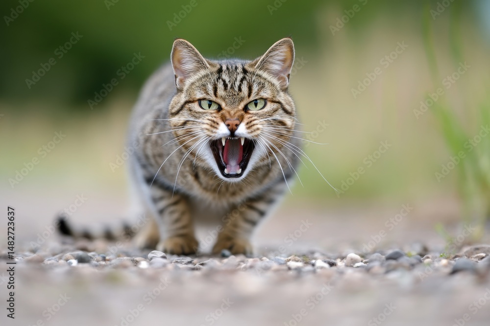 Fototapeta premium Angry tabby cat with open mouth showing teeth, walking toward camera on gravel path.