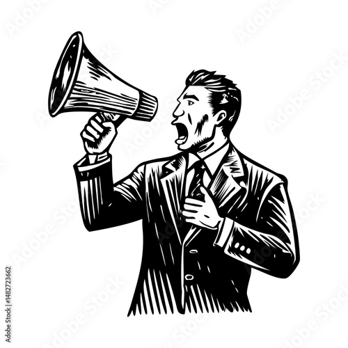 A character making an announcement in loudspeaker, vintage illustration