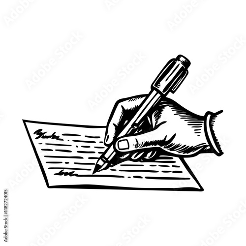 Vintage style illustration depicting check writing with pen