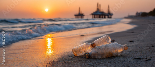 Polluted sunset beach plastic waste contrasts beauty