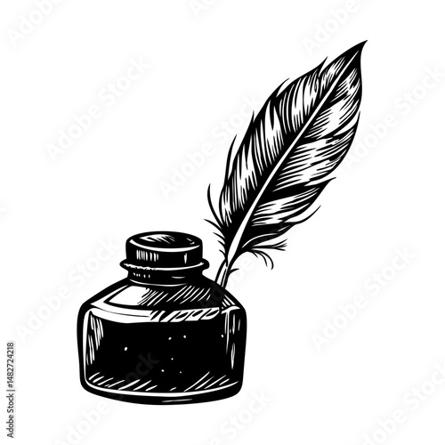 A vintage style illustration of a quill ink