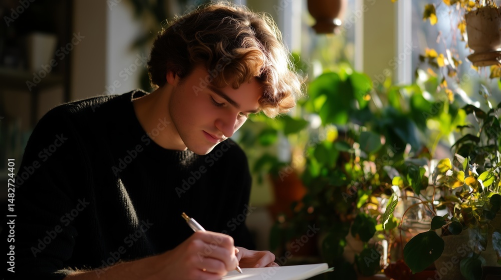 Young person engaged in creative drawing activity indoors surrounded by plants during warm afternoon light