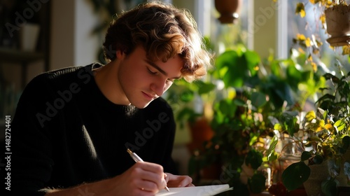 Obraz na płótnie Young person engaged in creative drawing activity indoors surrounded by plants during warm afternoon light w salonie