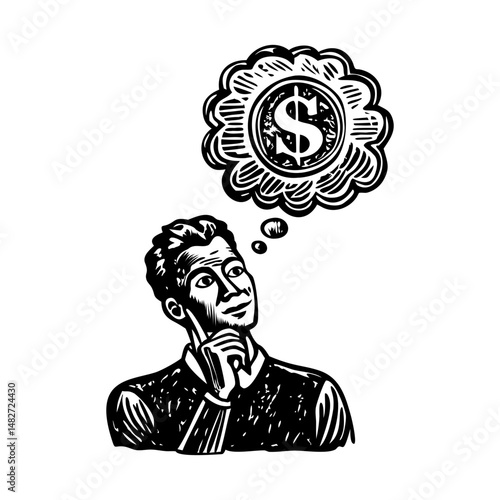 An entrepreneur thinking about money, vintage illustration