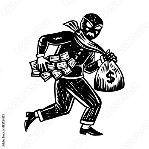 A character stealing money illustration in glyph style