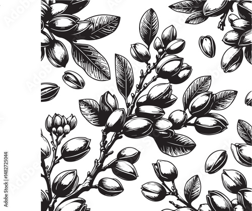 Pistachio branch seamless border with nuts and leaves. Vector black and white illustration hand drawn with ink silhouette vector
