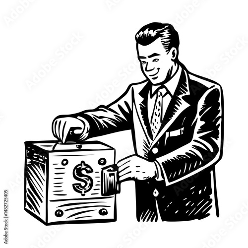 A character depositing money in a box, vintage illustration