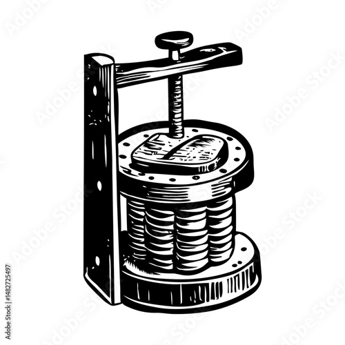 A vintage style illustration of a press machine