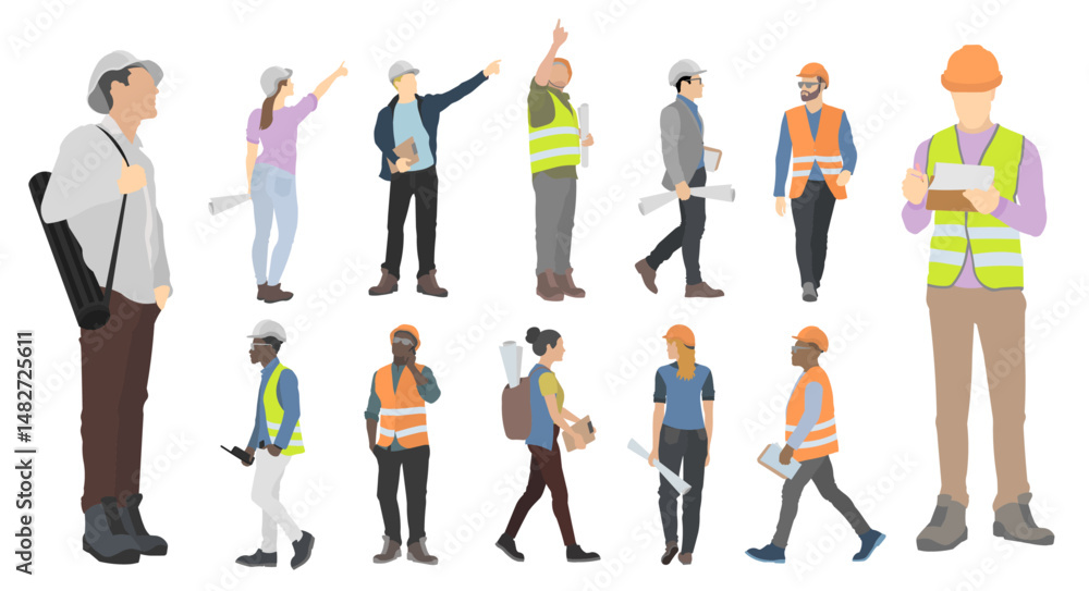 Construction people collection in editable vector cores architect engineer work builders