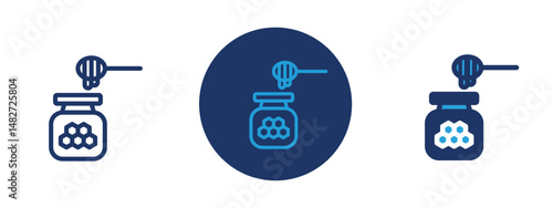 Set of 5 pixel perfect colored Honey jar with dipper icon with 1 unexpanded, 1 silhouette,  A jar filled with honey and a wooden honey dipper dripping golden liquid.