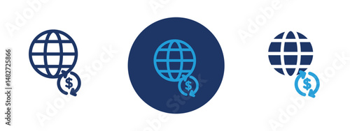 Set of 5 pixel perfect colored International money transfer icon with 1 unexpanded, 1 silhouette,  Two currencies with arrows between them showing financial exchange across countries.