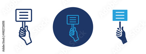 Set of 5 pixel perfect colored Protest banner in hand icon with 1 unexpanded, 1 silhouette,  Hand holding a protest banner or sign, symbolizing activism or demonstration.