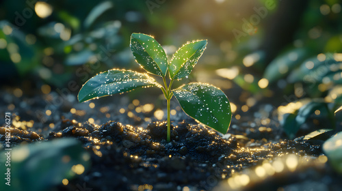 Close-Up Of Green Sapling Sprouting From Rich Soil With Dew-Covered Leaves.