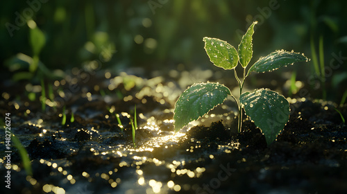 Close-Up Of Green Sapling Sprouting From Rich Soil With Dew-Covered Leaves.