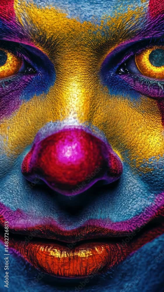 Vibrant clown face with intense yellow eyes and colorful makeup closeup sequence Vibrant clown face with intense yellow eyes and colorful makeup closeup sequence
