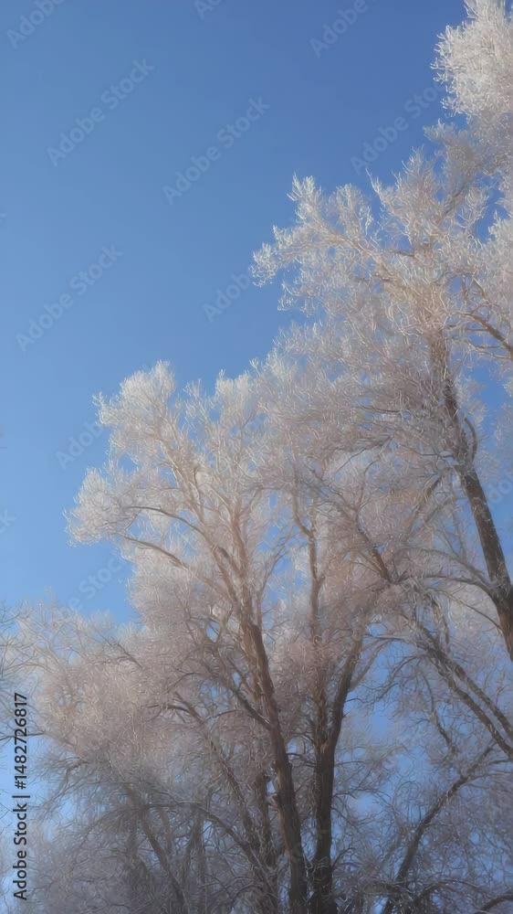 Looking up at frost-covered trees with intricate icy patterns against vibrant clear blue sky in winter season, cold weather nature scene Looking up at frost-covered trees with intricate icy patterns against vibrant clear blue sky in winter season, cold weather nature scene
