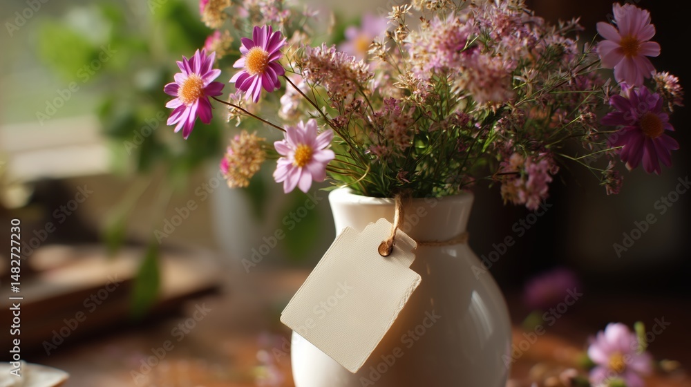 Fresh wildflowers in a delicate vase on a wooden table surrounded by natural light in a cozy setting
