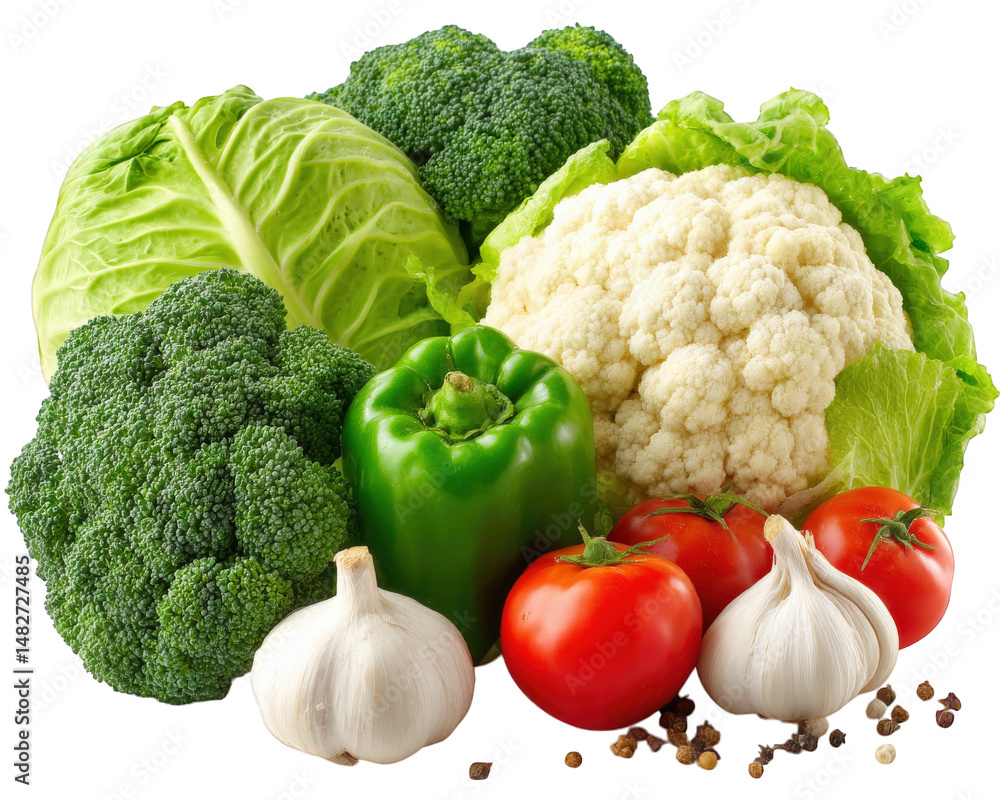Fresh vegetables including broccoli, cauliflower, green bell pepper, lettuce, and tomatoes arranged beautifully on transparency background, showcasing vibrant colors and healthy options for meals Fresh vegetables including broccoli, cauliflower, green bell pepper, lettuce, and tomatoes arranged beautifully on transparency background, showcasing vibrant colors and healthy options for meals