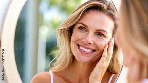 Smiling woman admiring herself in a mirror, showcasing confidence and beauty in a bright, natural setting.