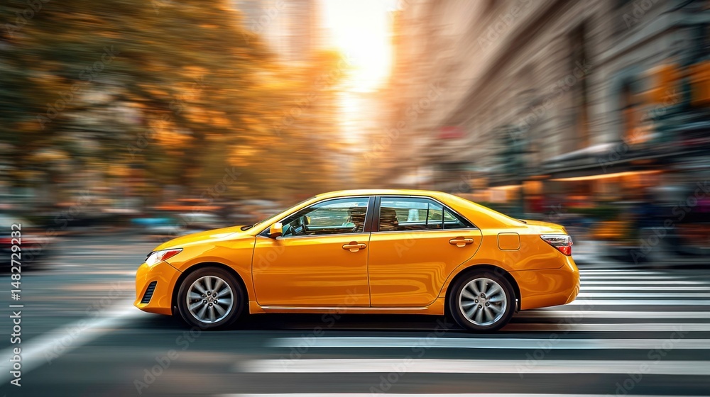 A vibrant yellow taxi speeds down a city street, blurring the background, with a crosswalk below it. A vibrant yellow taxi speeds down a city street, blurring the background, with a crosswalk below it.