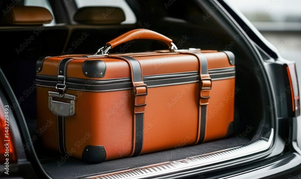 Naklejka premium A luxurious leather suitcase perfectly placed in the trunk of a car, ready for travel and adventure.