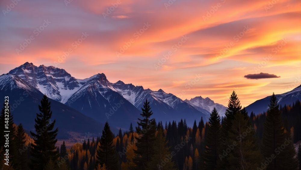 Obraz premium Snow capped mountains and evergreen trees at sunset with a colorful orange and purple sky