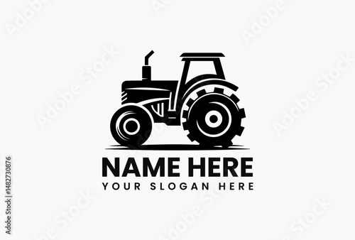 Classic black silhouette of vintage farm tractor with large rear wheels isolated on white background. Agriculture equipment concept