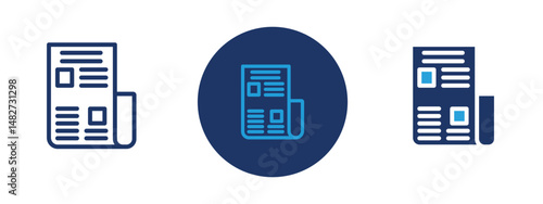 Set of 5 pixel perfect colored Newspaper icon with 1 unexpanded, 1 silhouette,  Folded newspaper with lines and headlines indicating printed news.