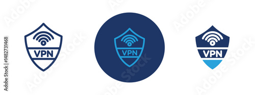 Set of 5 pixel perfect colored VPN icon with 1 unexpanded, 1 silhouette,  Shield or lock with internet globe symbolizing virtual private network.
