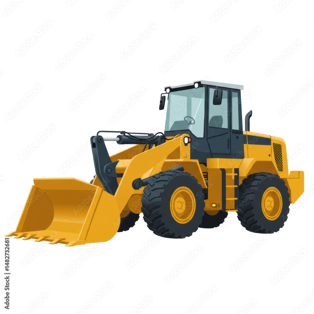 Fototapeta premium Vibrant yellow loader with intricate mechanical details against dark background