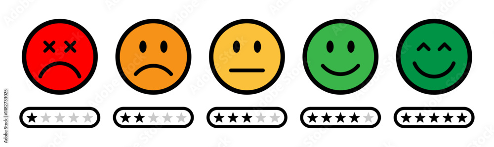 Fototapeta premium Emoji feedback rating scale with color coded faces from red sad to green happy, paired with 1 to 5 star rating bars. Perfect for, surveys, reviews, or customer satisfaction. Rating, emoji, icons.