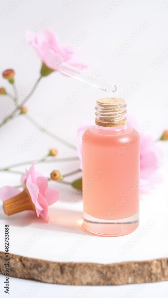 Elegant pink glass dropper bottle with floral accents and soft lighting Elegant pink glass dropper bottle with floral accents and soft lighting