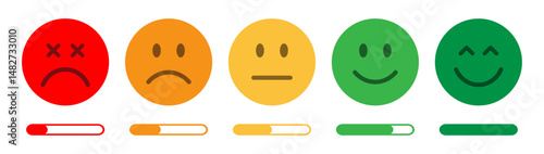 Colorful emoticons showing customer satisfaction levels from bad to excellent, with progress bars. Perfect for surveys, reviews, feedback forms, and rating evaluations. Feedback, emoji.