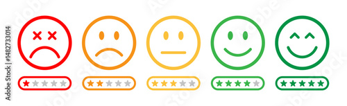 Smiley face icons showing feedback levels with star ratings. Customer satisfaction scale from very bad to excellent. Colorful emojis for review, survey, and user experience design. vector, symbols.