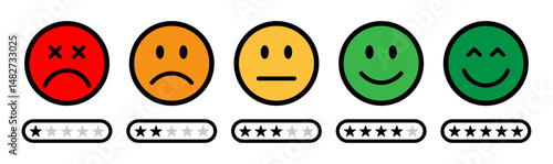 Emoji feedback rating scale with color coded faces from red sad to green happy, paired with 1 to 5 star rating bars. Perfect for, surveys, reviews, or customer satisfaction. Rating, emoji, icons.