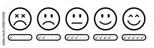 Emoji feedback scale using checkmarks for rating, from sad to happy faces. Ideal for professional surveys, assessments, evaluations, and UX design templates. Rating emoji, feedback emoji.
