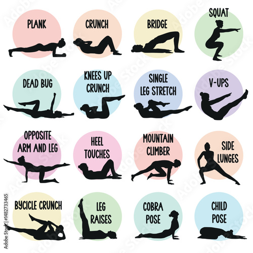 Female core training gym poses silhouette