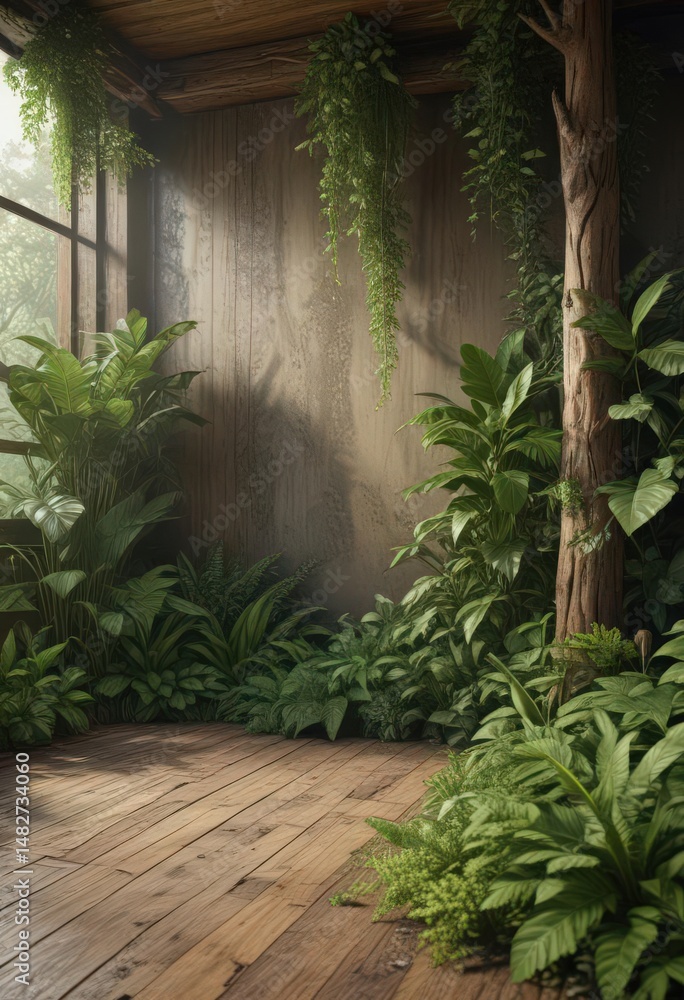 Obraz premium Earthy tones, lush greenery, wood textures, natural light , growth, natural, brown