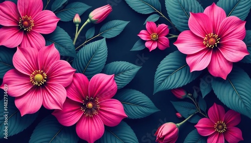 Wallpaper Mural Bold fuchsia floral pattern, large blooms & lush leaves , large, repeating, exotic Torontodigital.ca