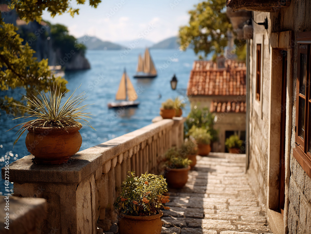 Fototapeta premium Serene Mediterranean Coastal Vista from a Stone Path
