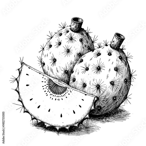 Sliced prickly pear cactus fruit with seeds, black ink sketch illustration  