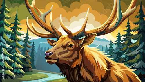 Close up  A magnificent bull elk bugling with the trees in background very beautiful