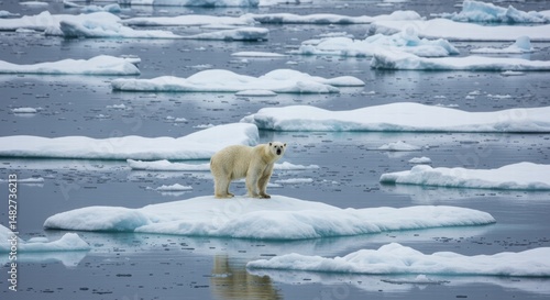 A large polar bear, on a melting ice floe, hunts its prey.