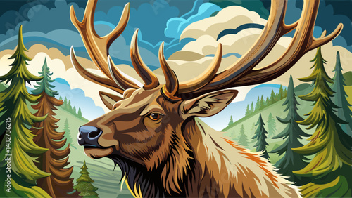 Close up  A magnificent bull elk bugling with the trees in background very beautiful