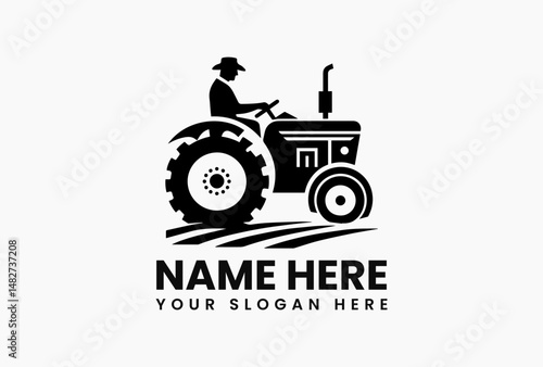 Simple black and white silhouette of a vintage tractor with large wheels on a clean white background. Agriculture concept