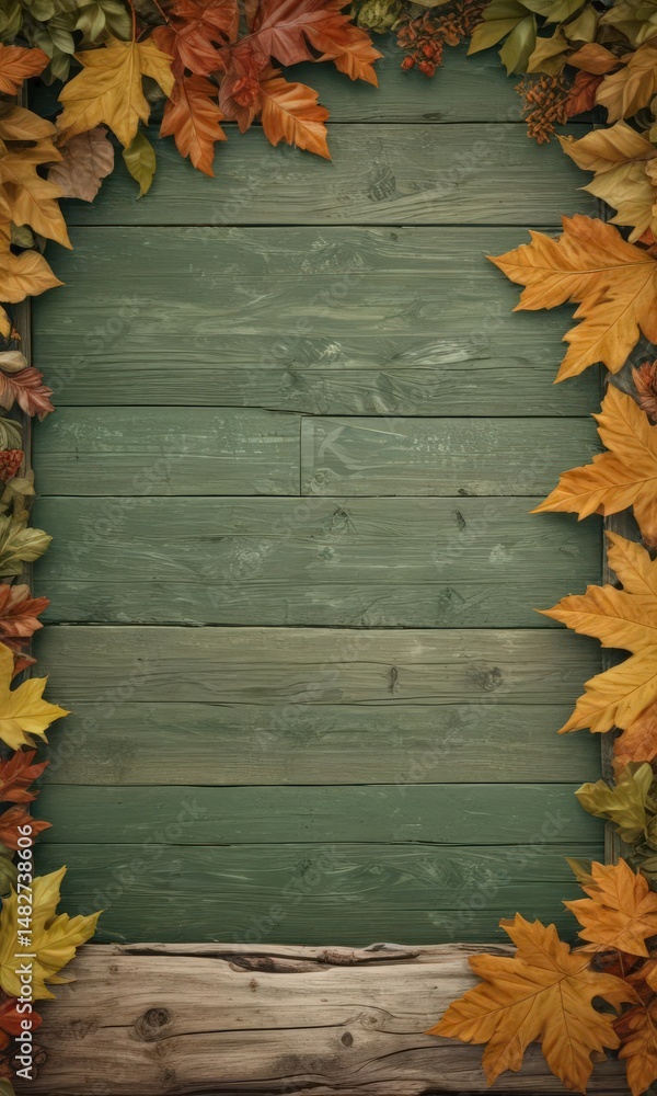 Obraz premium Antique green wood sign, fall leaves border on log , fall leaves border, wood, farmhouse
