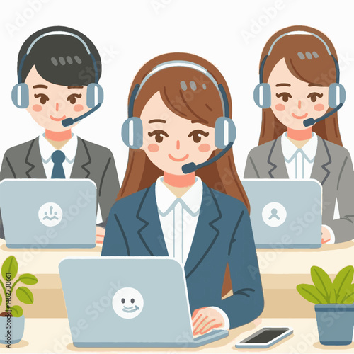 Animated call center agents in suits wear headsets smiling at their computers surrounded by potted plants