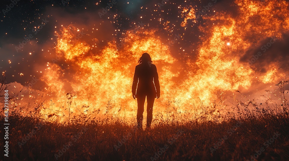 Fototapeta premium Epic fire blaze action open field cinematic scene nighttime environment dramatic viewpoint survival concept